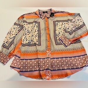 MERIT Vibrant Abstract Print Full Button Blouse With Pearl Cuff Detail